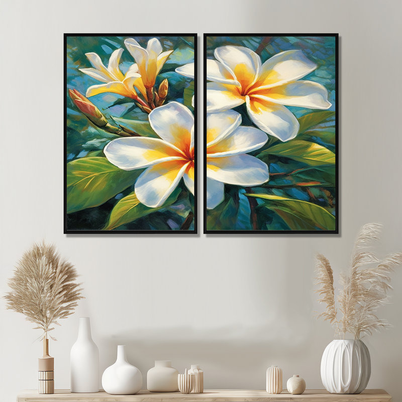 «White Plumeria Symphony Magic - Large Plumeria», art mural, Noir, H 36 po x l 48 po, Impression encadrée flottante