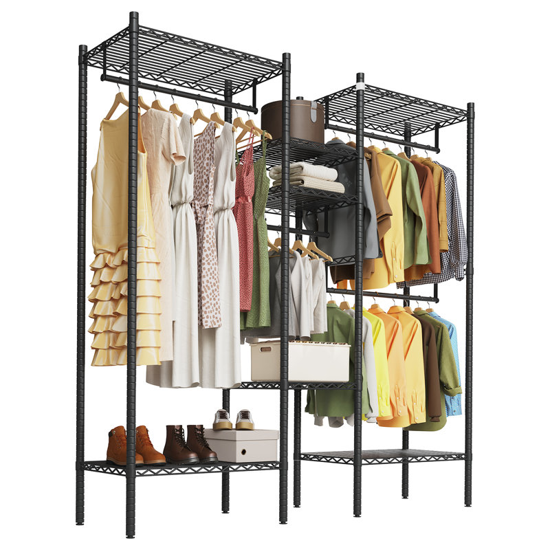 Porte-vêtements robuste avec tablettes, système de garde-robe autoportant en métal avec tringles de suspension