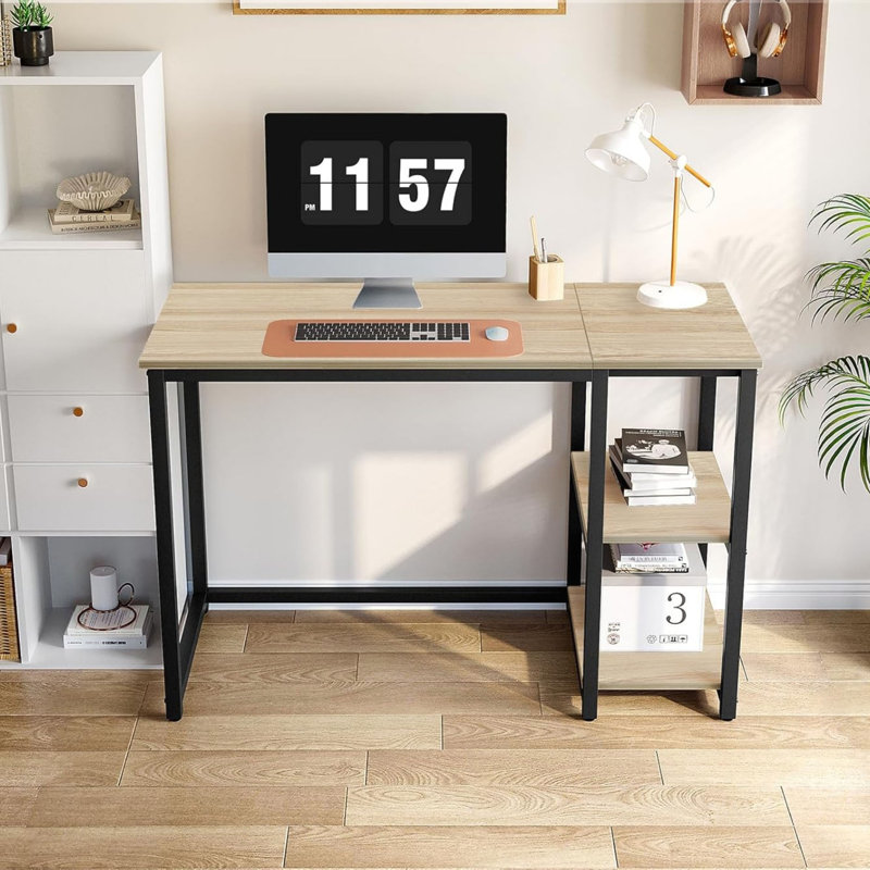 Computer Desk with 2-Tier Shelves 100 cm Sturdy Home Office Desk with Large Storage, Beige/Black