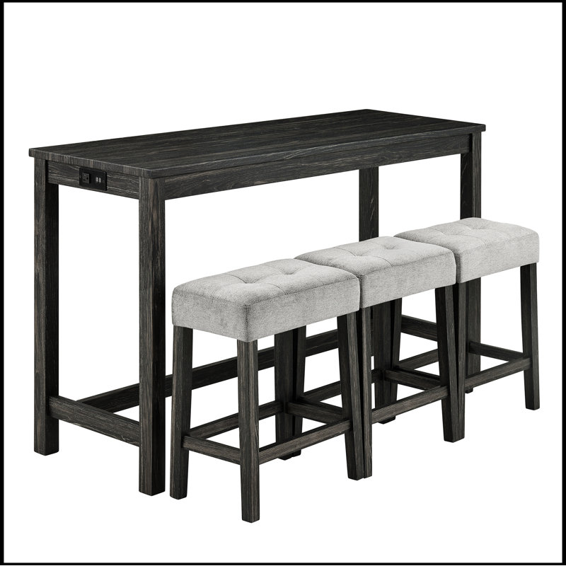 Bar Table Set with Power Outlet, Bar Table and Chairs Set, 4 Piece Dining Table Set, Grey