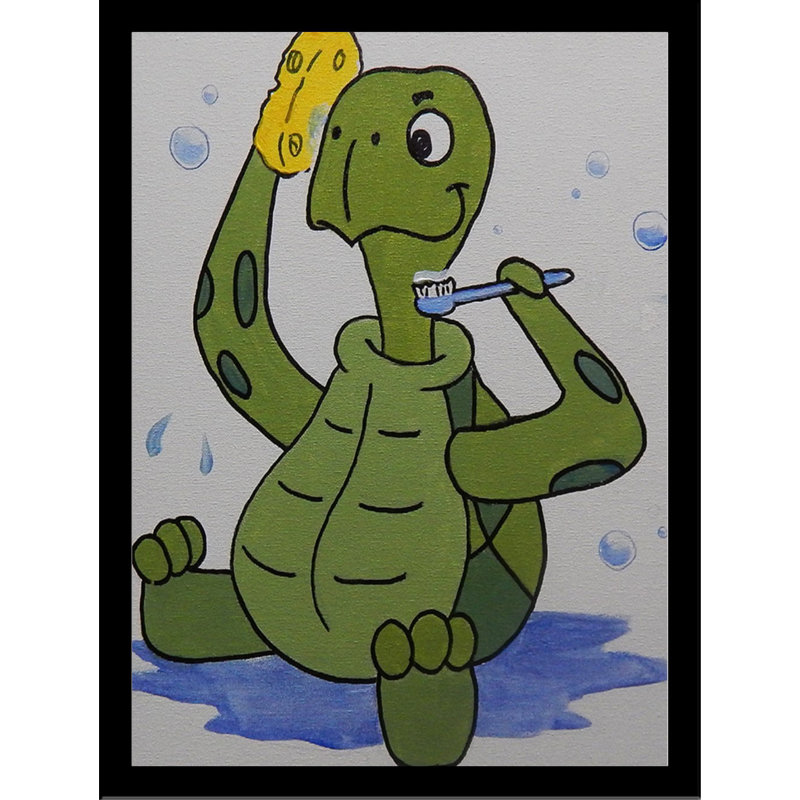 «Kids Turtle», reproduction de peinture acrylique encadrée, H 12,5 po x l 10,5 po, Cadre noir, Sans mat