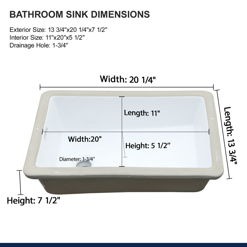 13.75" L x 20.25" W Bathroom Undermount Sink White Rectangle Porcelain Ceramic Lavatory Vanity Sink