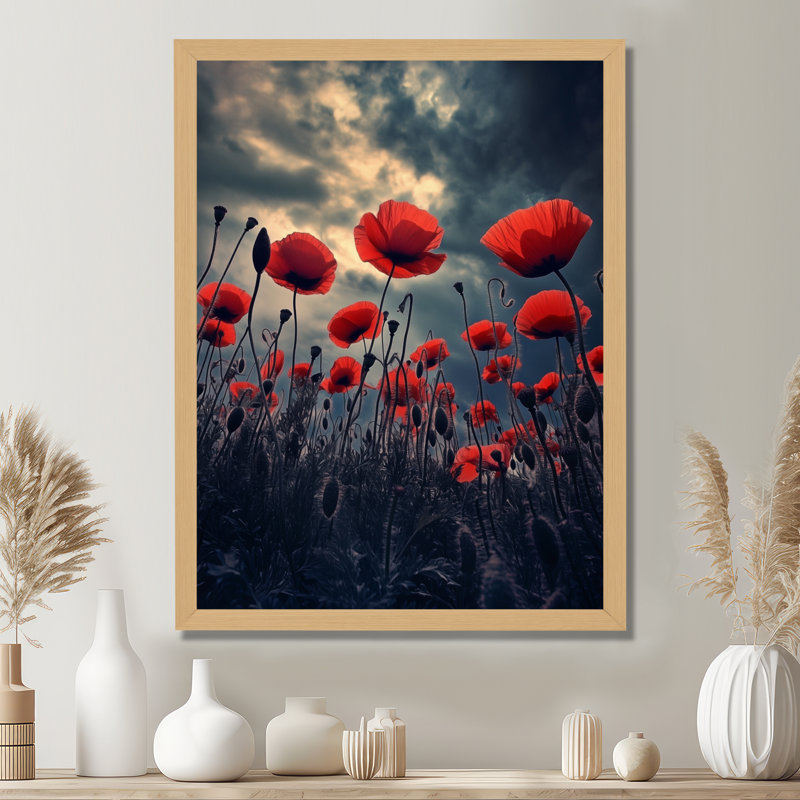 Champ de coquelicots au coucher du soleil sur Deepmoody I - Tableau encadré de coquelicots, H 20 po x l 12 po, Cadre naturel