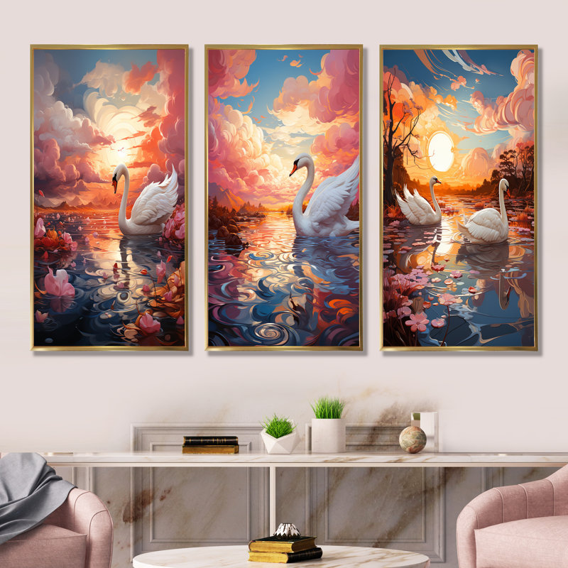 «Graceful Mirage Swans», ensemble de 3 reproductions d'art sur toile, Cadre flottant doré, H 32 po x l 48 po