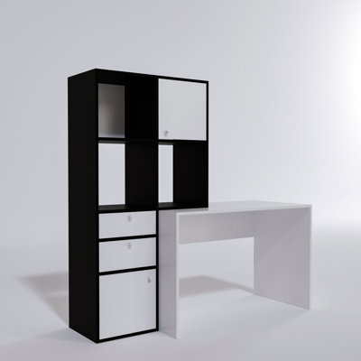 Bureau d'étude moderne, blanc et noir, 64,6 x 63,0 x 21,7 pouces | 100% panneau de particules enduit de mélamine, épaisseur: 0,7 pouce | Conception élégante et fonctionnelle pour le bureau à domicile, parfaite pour les espaces d'étude et la productivité