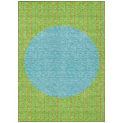 8' X 10' Lime Green And Blue Striped Washable Indoor Outdoor Area Rug
