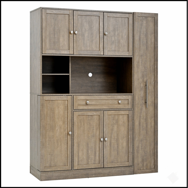 Buffet traditionnel autoportant avec huche, grande armoire de rangement pour garde-manger avec armoire latérale coulissante et tablettes de porte
