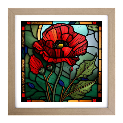 Poppy Flower Stained Glass Effect - Single Picture Frame Print on Wood