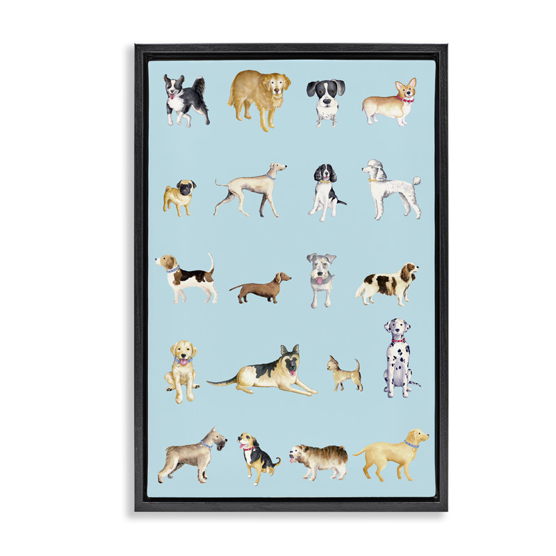 Races de chiens sur cadre flottant bleu, design par Andi Metz, H 25 po x l 17 po, Cadre flottant noir de jais