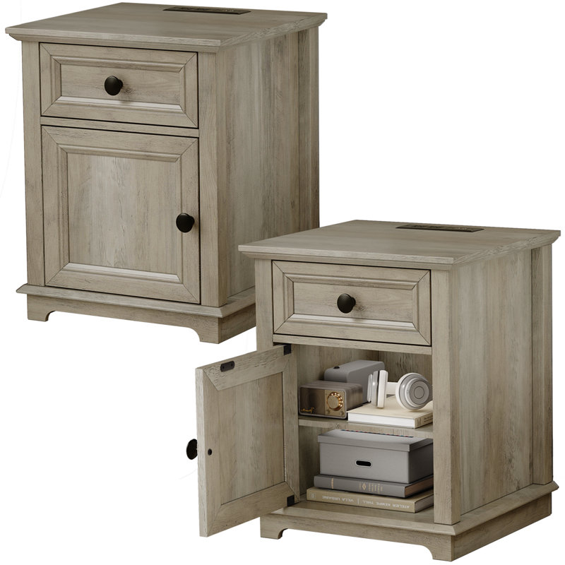 Brittnei 1-Drawer Manufactured Wood Nightstands with Storage and Built-in Outlets, Split Oak, 2