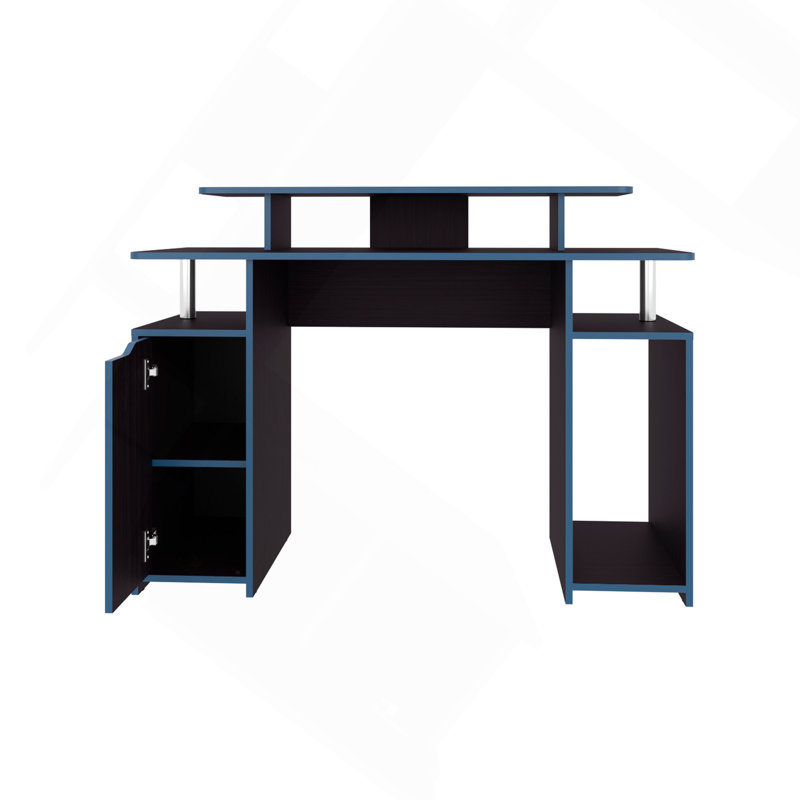 Bureau de jeu, 1 porte, 6 tablettes, bord noir / bleu