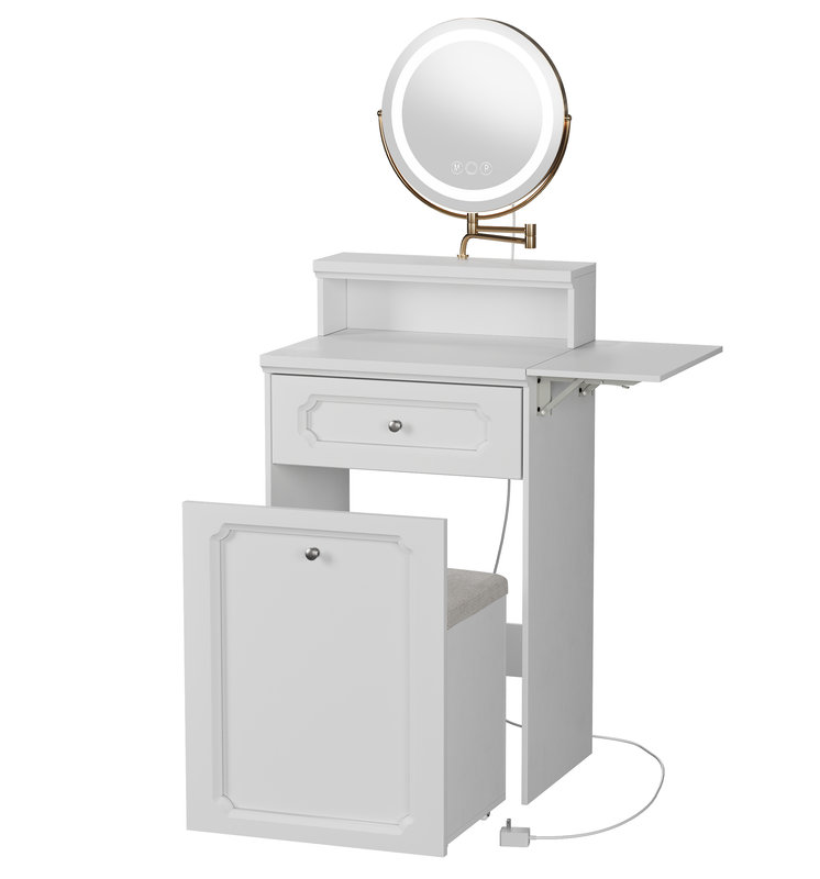 White Makeup Vanity Desk with Round Mirror and Lights, 2 in 1 Nightstand, Dressing Table with a Chair