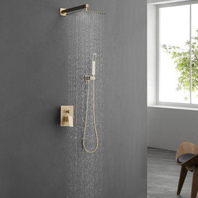Système de douche mural moderne à pluie en or brossé 10 pouces, salle de bain avec douche à main, robinet géométrique, valve à cartouche, poignée manuelle de luxe, extractible, une poignée, robinet en céramique, valve