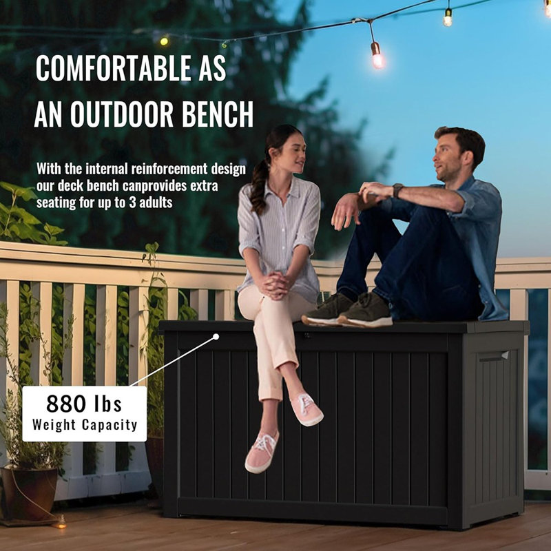 Boîte de rangement extérieure en résine 280 gallons - Grand rangement imperméable avec couvercle verrouillable pour coussins de patio et outils de jardinage, noir