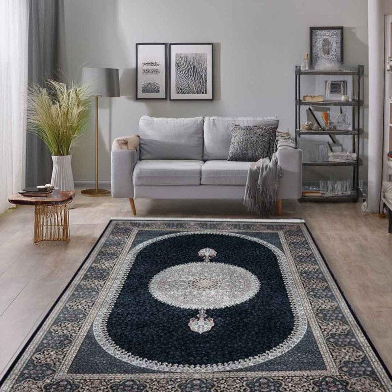 Minyatur Navy Medallion Area Rug – Traditional Woven Viscose Carpet, Low-Pile Vintage Look for Living Room, Bedroom & Hallway
