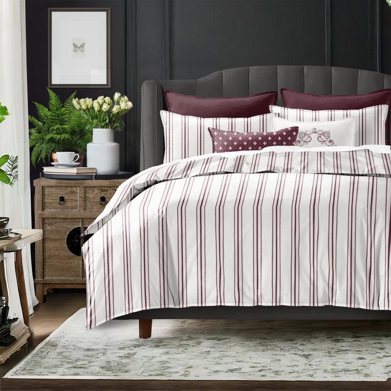 August Stripe Reversible Cotton Duvet Cover Set, Super King Duvet Cover + 2 King Shams, Merlot