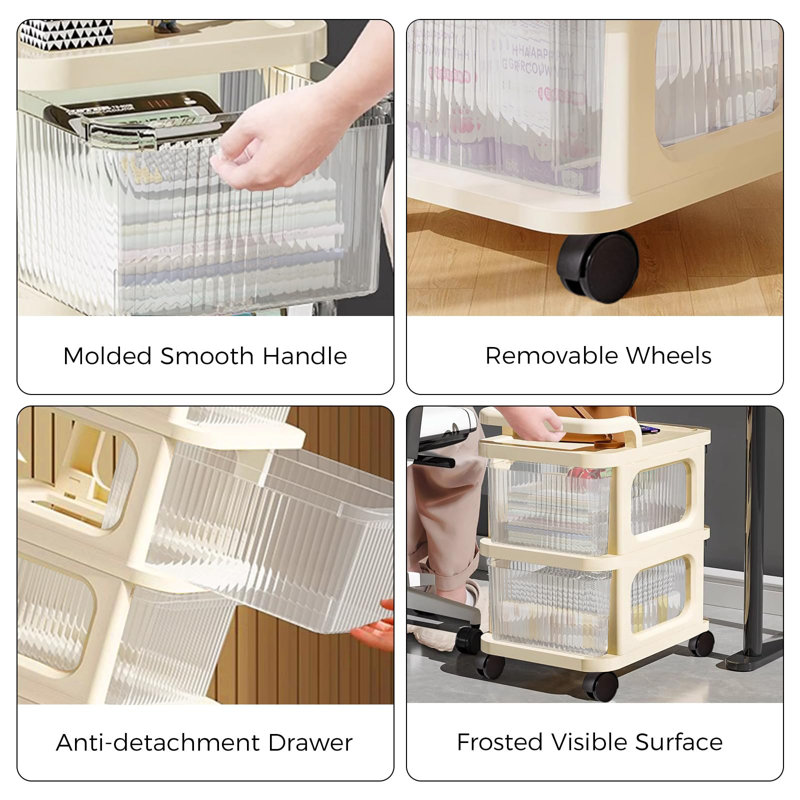 2 Drawer Storage Cart, Home Office Plastic Rolling Cart with Caster Wheels