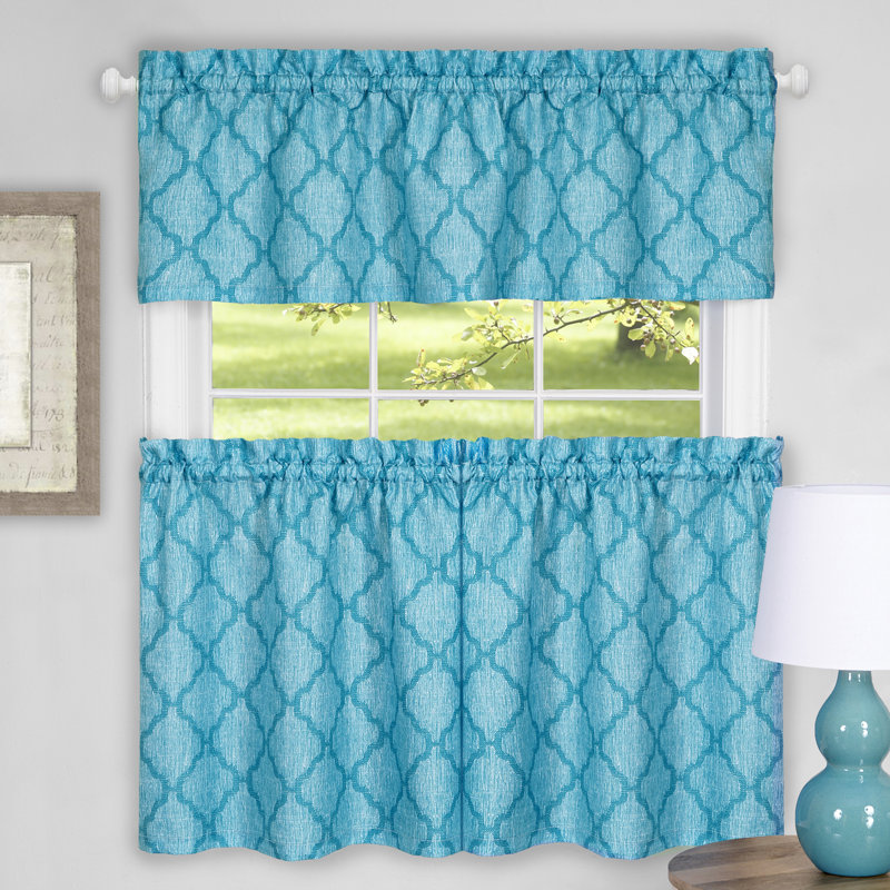 Zoey Geometric Tailored Kitchen Curtain, Turquoise, 58" W x 24" L
