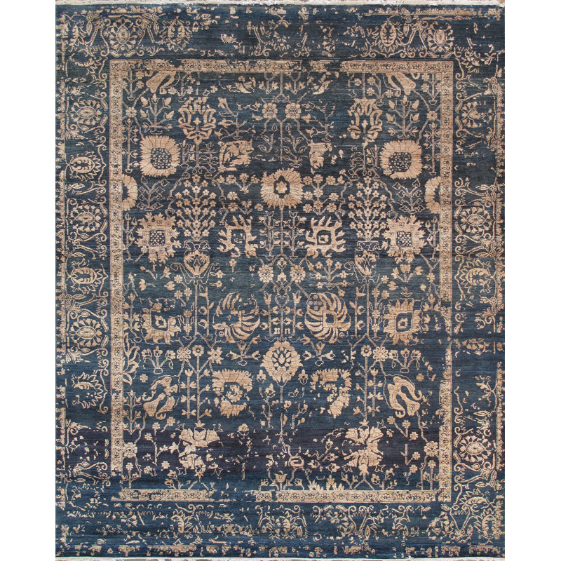 Tapis bleu / brun en rayonne et en laine noué à la main
