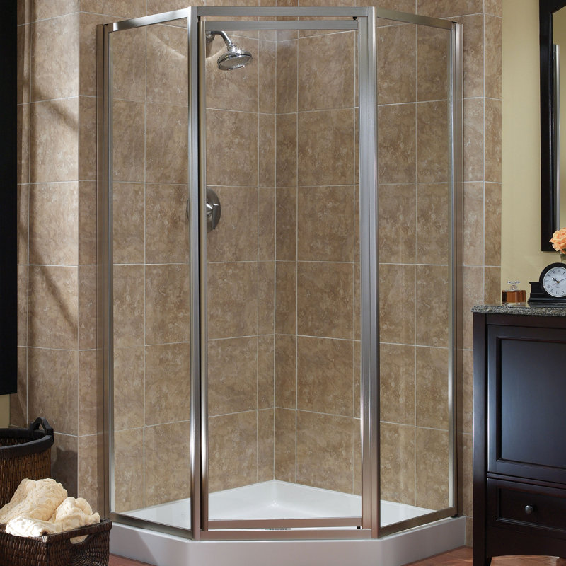 Cabine de douche à charnière néo-angle avec cadre H 70 po Chase, Verre transparent, Nickel brossé