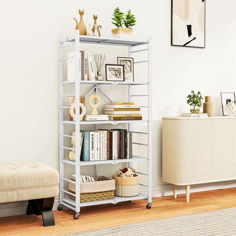 Tablettes de rangement Fenbeli, tablette de rangement pliable en métal à 5 niveaux avec roulettes, support de rangement robuste pour le garage, la cuisine, le placard, blanc