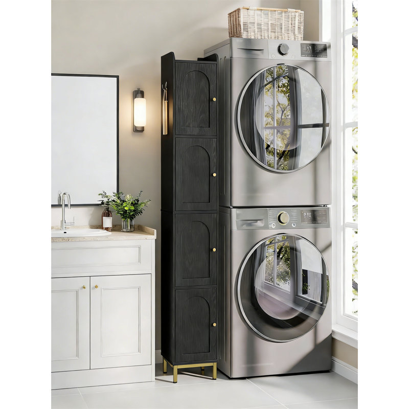 4-Tier Narrow Tall Storage Cabinet With Adjustable Feet, For Small Space Bathroom, Kitchen, Living Room, Laundry, Black