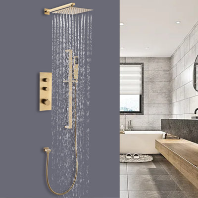 Système de douche thermostatique avec valve brute, pomme de douche à effet pluie or brossé de 10 pouces et ensemble de robinet de douche à main à 3 poignées