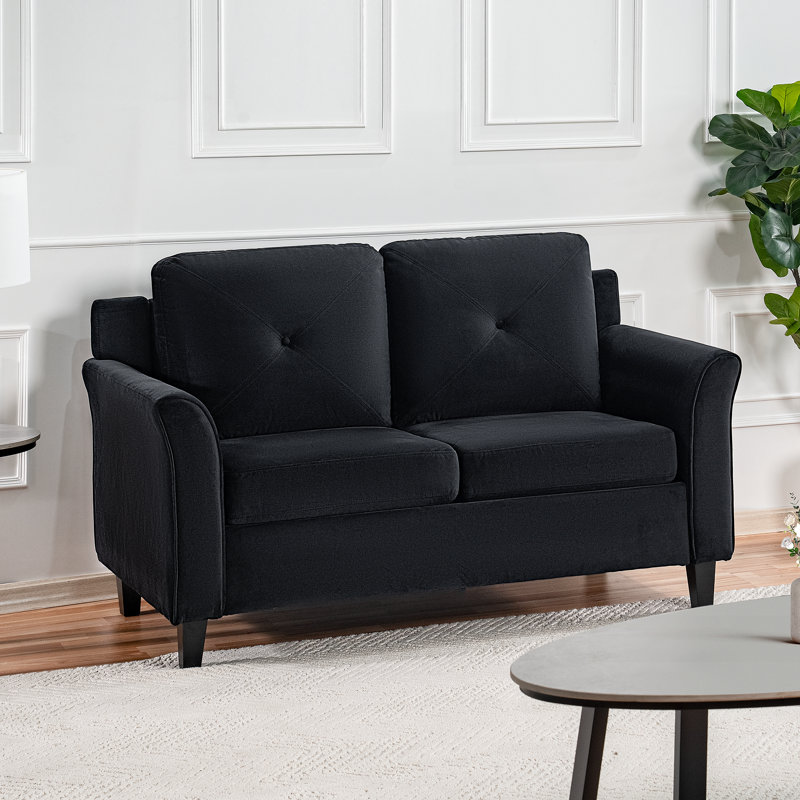 Causeuse capitonnée avec accoudoirs évasés Fyllia, Microfibre noire / microsuède