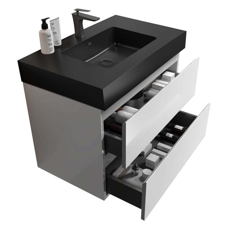Meuble-lavabo de salle de bain avec lavabo, grand meuble-lavabo flottant mural pour salle de bain moderne, lavabo une pièce sans drain ni robinet, pré-assemblé
