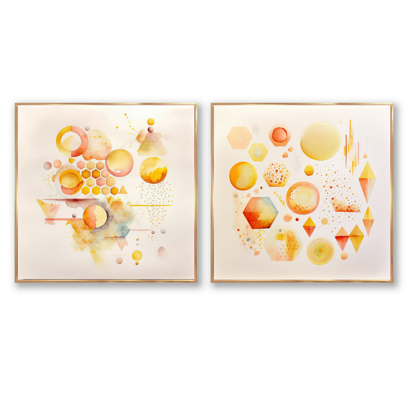 Ensemble de 2 collages carrés abstraits et formes abstraites jaunes VI, Cadre flottant doré, H 16 po x l 33 po