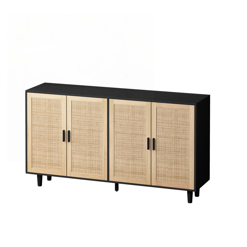 Wood Console Table with 4 Doors,Shelves, Black/Beige/Brown