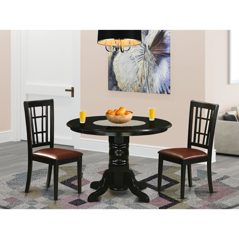 Ensemble de table de cuisine 3 pièces pour petits espaces comprenant une table ronde avec piédestal et 2 chaises de salle à manger en similicuir, noir