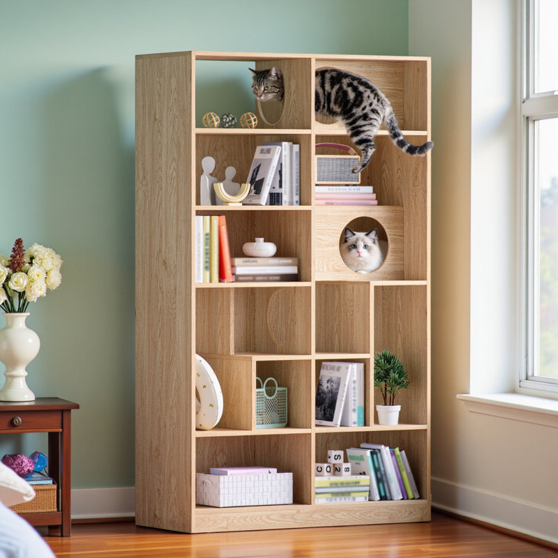 Maisonnette moderne 2 en 1 en bois avec tablette, rangement, arbre à chat, bac à litière et étagère d'escalade, aspect naturel