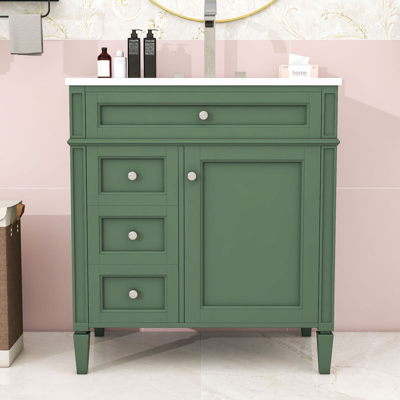 30-Inch Bathroom Vanity with Ceramic Top, Soft-Close Door Cabient and 3 Drawers, Green