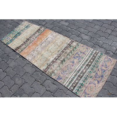 Vintage Turkish Oushak Runner Rug - Antique Style Beige Patchwork Design for Hallways