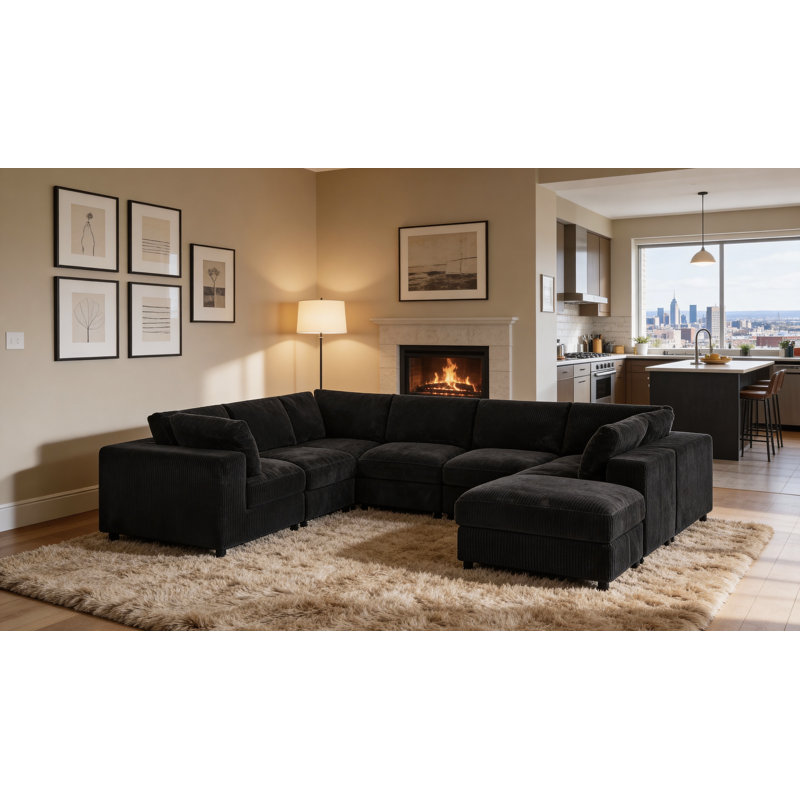 Canapé modulaire réversible en coin avec repose-pieds Aneea, Velours côtelé noir, 33 po H x 160 po L x 104 po P