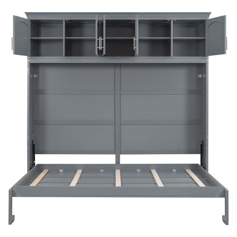 Lit escamotable double gris avec armoires supérieures, armoire-lit escamotable peu encombrante, Gris, Lit double