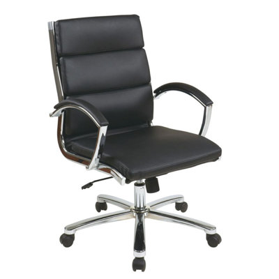 Liberty Mid-Back Mid-Century Modern Fully Upholstered Office Chair with Pillow Back, Arms, and Chrome Frame, Black