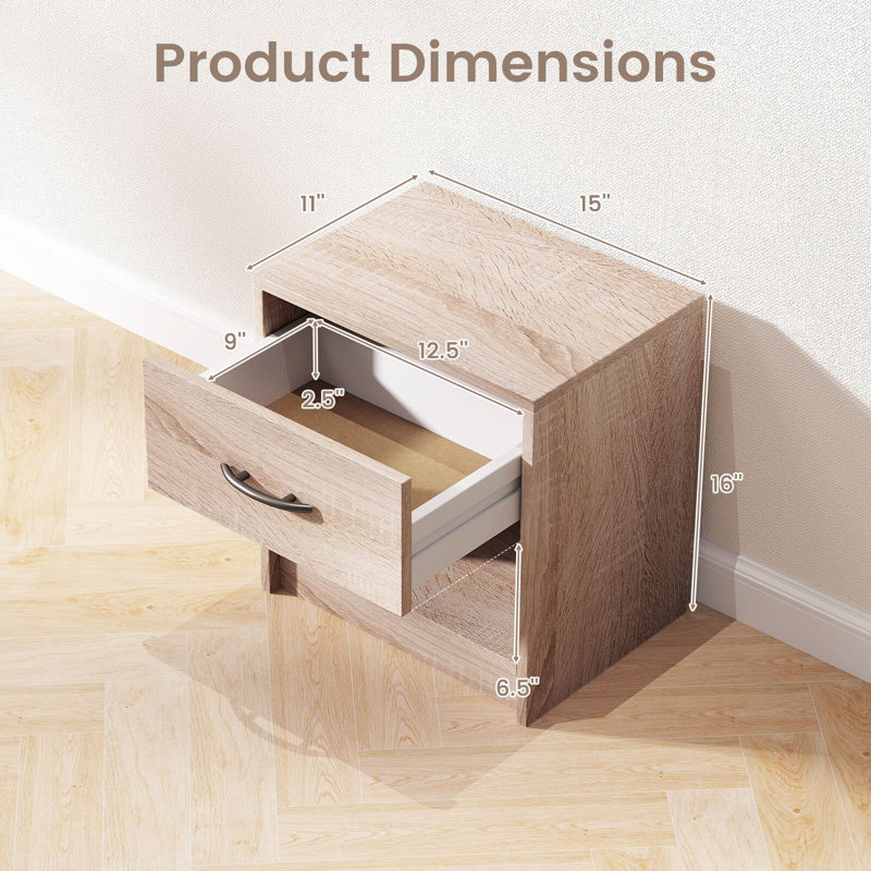  Modern Nightstand Bedside Table With Drawer Open Storage Shelf For Small Spaces , Natural