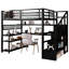 Lit mezzanine double avec escalier, garde-robe encastré, bureau en L, tablettes et lumières à DEL, 16 choix de couleurs, noir, capacité de charge maximale de 350 lb en métal, tablettes de travail à droite et à gauche pour les livres et le cadre