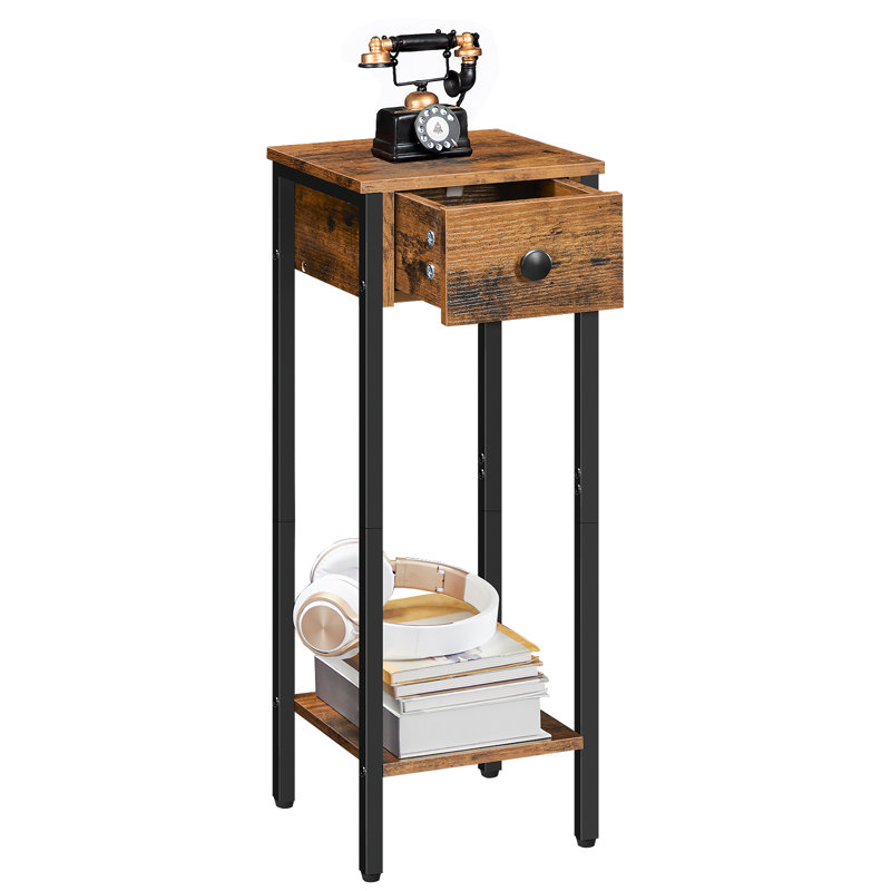 Slim Bedside Side Table with Storage, Black/Rustic Brown
