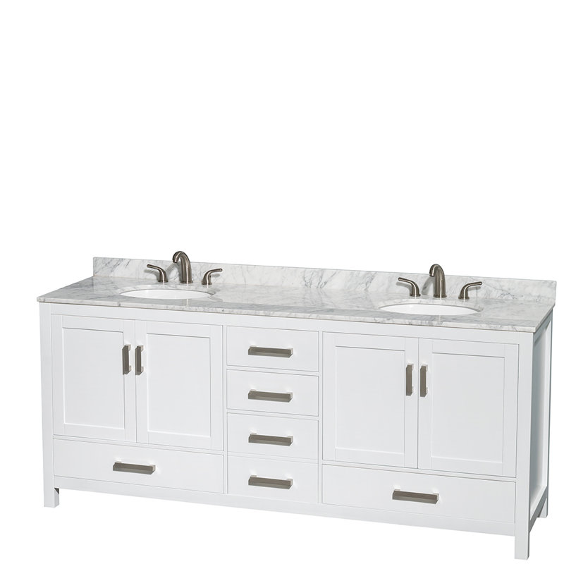 Sheffield 80" Freestanding Double Bathroom Vanity with Marble Top with Medicine Cabinets, White Carrara Marble