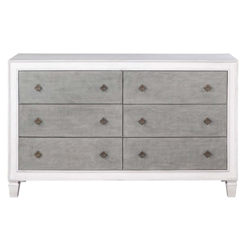 Commode 6 tiroirs Katia, gris rustique et blanc vieilli