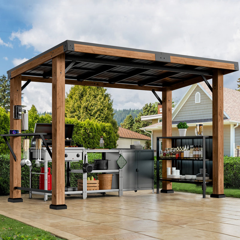 Woodberry 6'x12' Cedar Wood Outdoor Gazebo Pavilion With Slope Hardtop Galvanized Steel Slope Roof, Powerport And Shelf