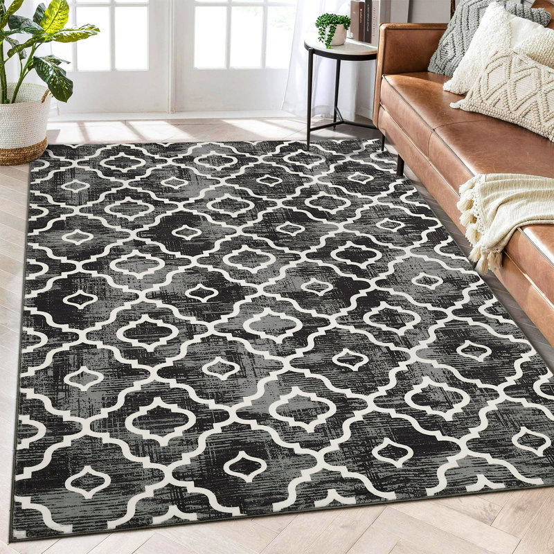 Geometric Machine Washable Rug with Rubber Backing for Living Room Moroccan Non-Slip Dining Room Rug Easy-Cleaning Floor Carpet for Bedroom Office Playroom