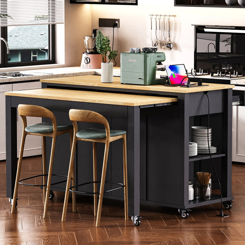 Îlot de cuisine 47 po avec table de salle à manger extensible, table de cuisine en placage de bois d'hévéa avec support de rangement interne