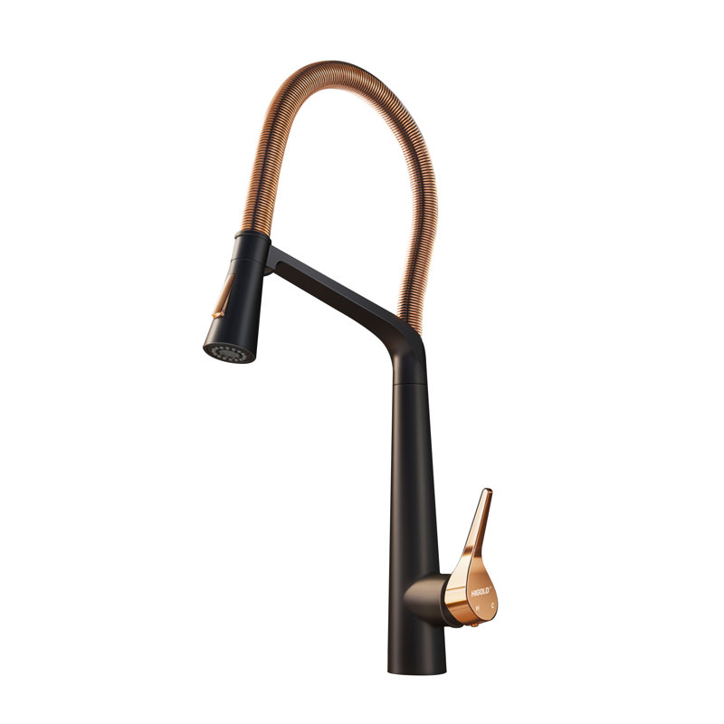 Robinet de cuisine rétractable avec pulvérisateur magnétique HIGOLD Reddot Award, Or rose / noir mat