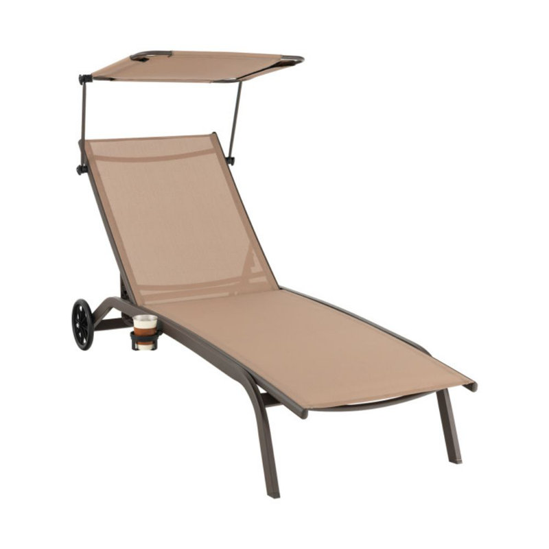 Patio Heavy-Duty Adjustable Chaise Lounge Chair With Canopy Cup Holder And Wheels