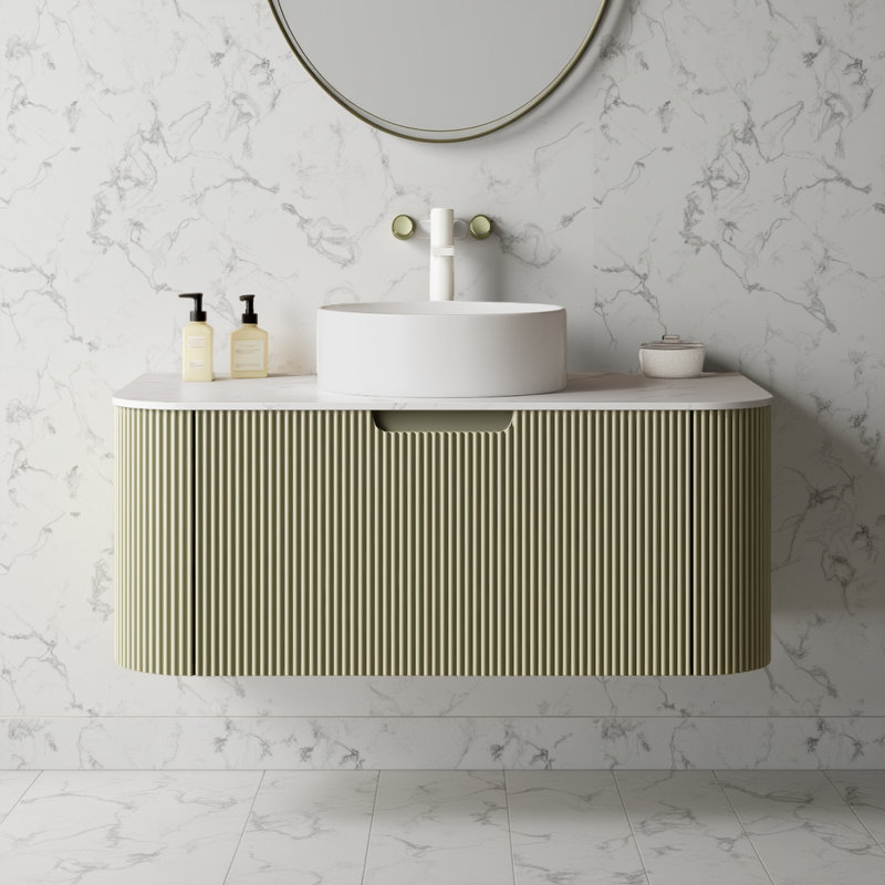 Meuble-lavabo flottant - vasque en céramique blanche, plateau en marbre et armoire à rayures 3D, sans robinet, Vert, 36"