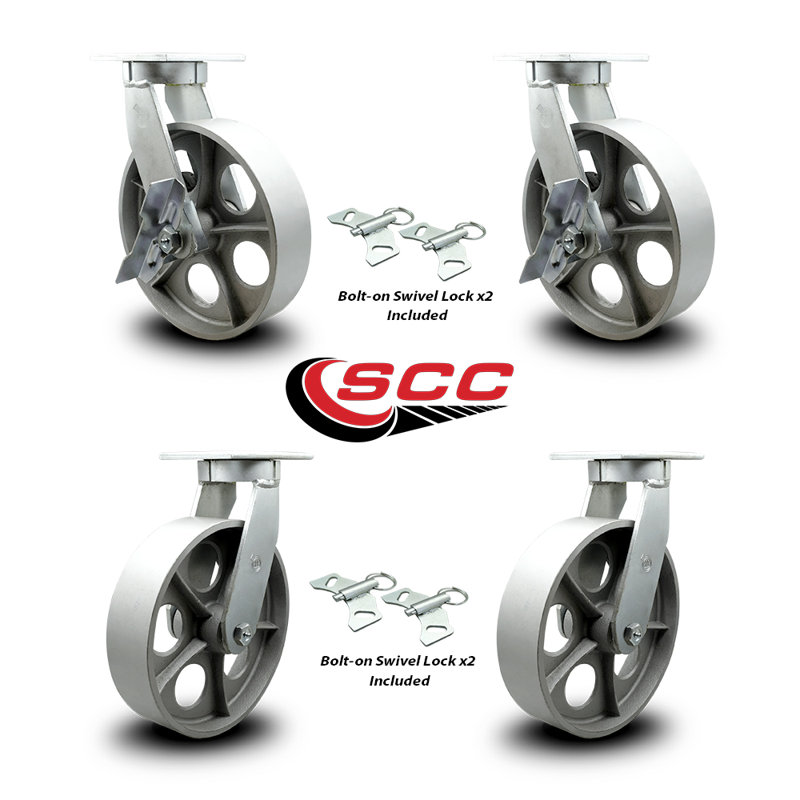 Ensemble de roulettes extra-robustes en fonte d'acier semi-robuste 4 verrous pivotants 2 freins